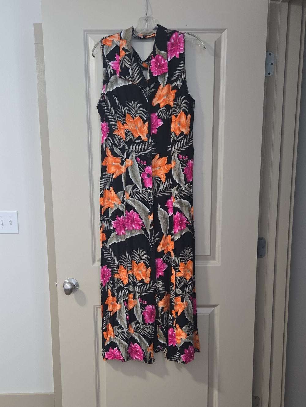 Floral Sleeveless Black Maxi Dress with Orange & Pink Blooms